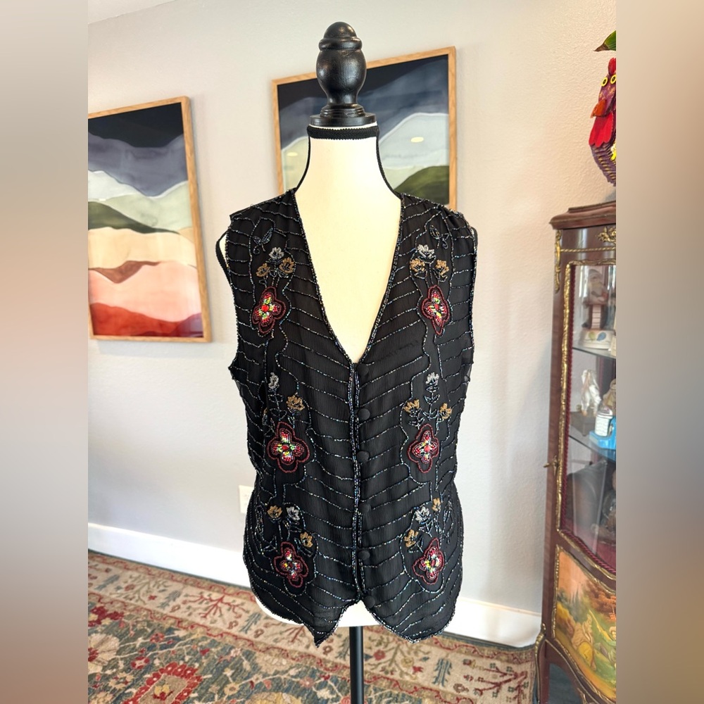 Vintage Embroidered Black Silk Floral Vest - Picture 7 of 11